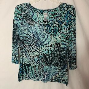 Chico’s 3/4 sleeves tunic top sizeM reptile print green/blue color